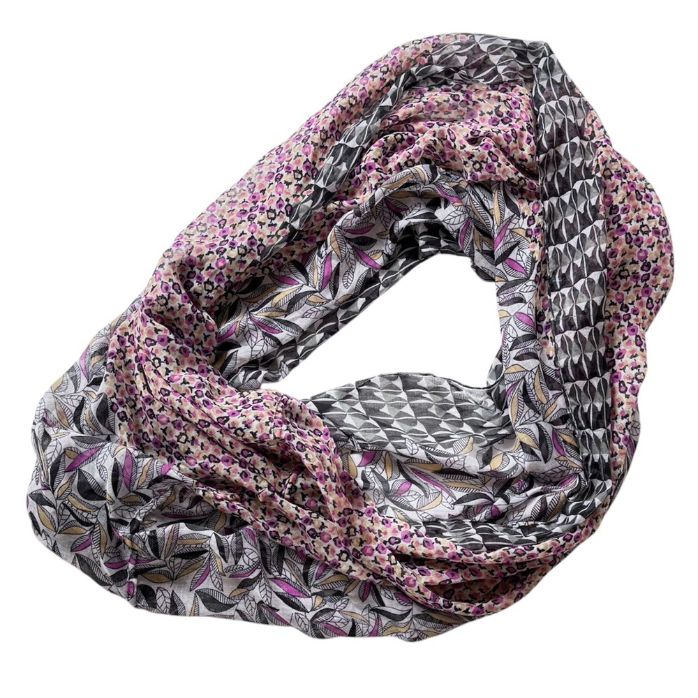 Woven Infinity Scarf in Pink, Black, Gray and Gold Leaf and Floral Pattern